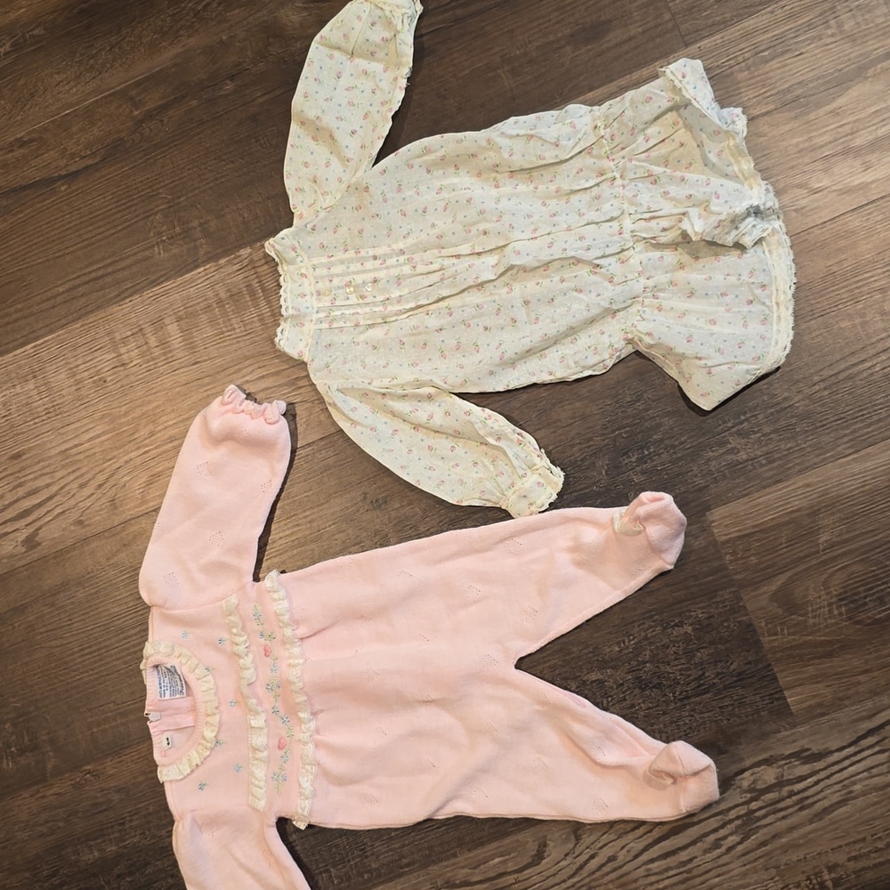 Pink Baby Onesie and Floral Dress Set, vintage